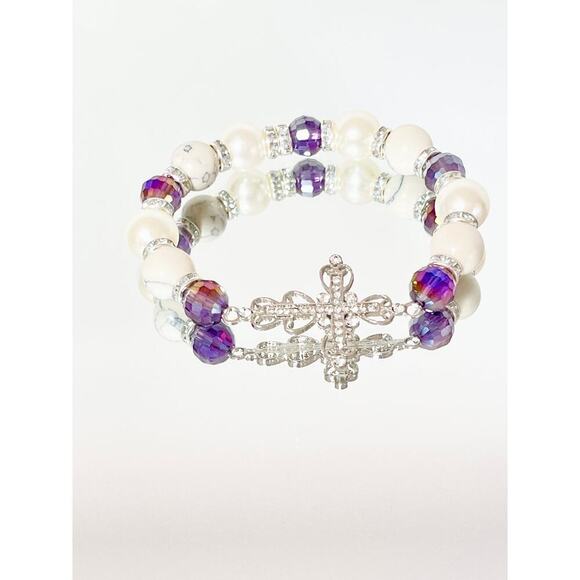 Crystal Cross Pearl Howlite Crystal Bracelet Set - Picture 10 of 12